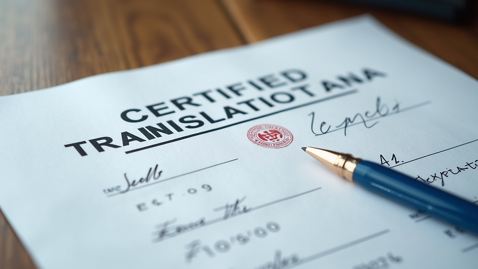 Close-up view of a certified translation document with official stamps and signatures