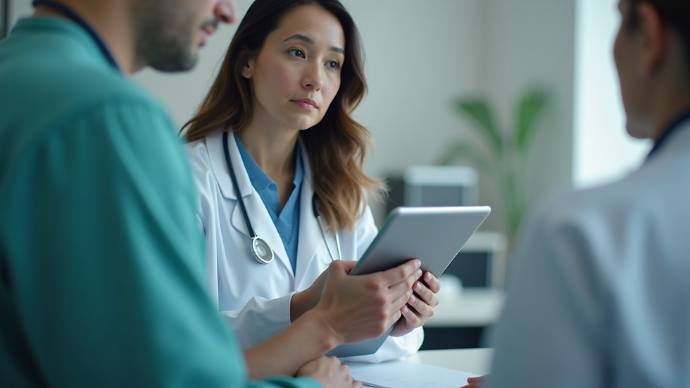 Eye-level view of a medical interpreter using a tablet for video remote interpreting