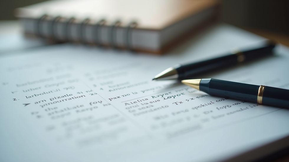 Close-up view of legal documents with a pen and a translation notebook
