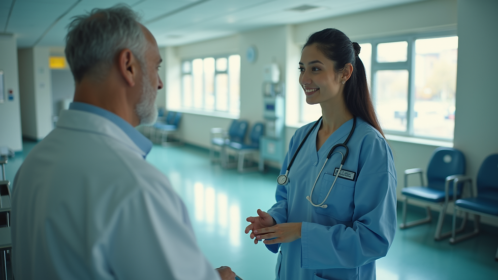 High angle view of a hospital room with a medical interpreter facilitating communication
