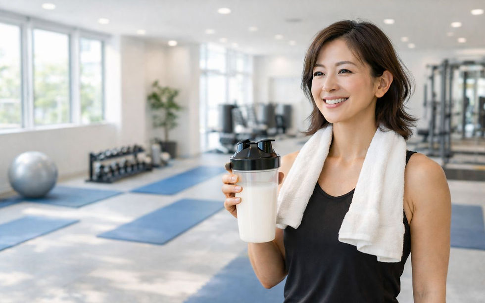 トレーニング後にプロテインを持つ達成感のある女性