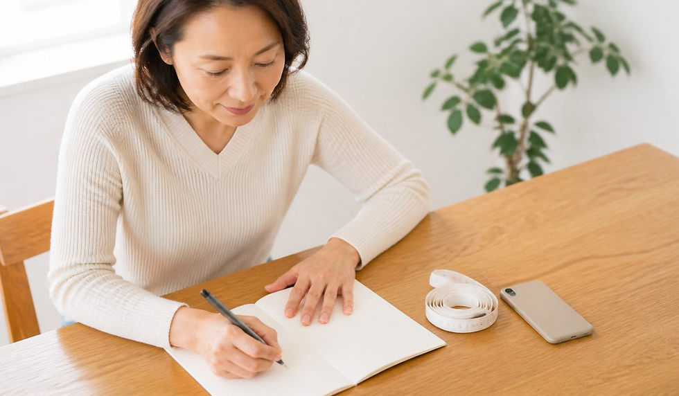 木のテーブルで開いたノートにペンで書き込む女性と、そばに置かれた丸めた布製メジャーとスマートフォン