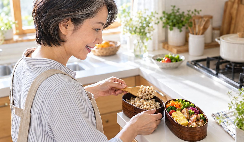 キッチンで、野菜や卵焼きを詰めたお弁当箱の隣のもう一段に、しゃもじで玄米ごはんを詰める女性