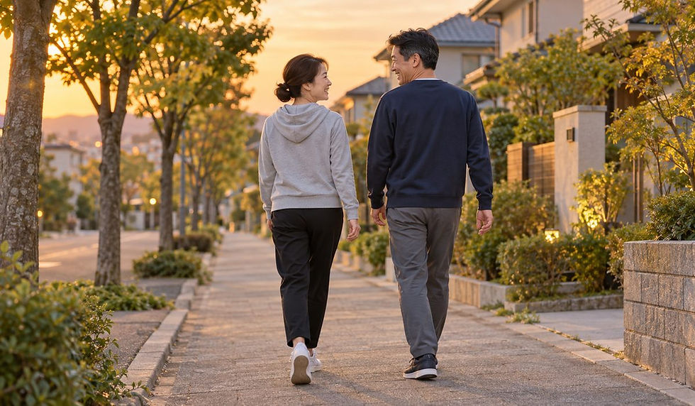 夕暮れの並木道がある住宅街を、並んでゆっくり歩く夫婦の後ろ姿
