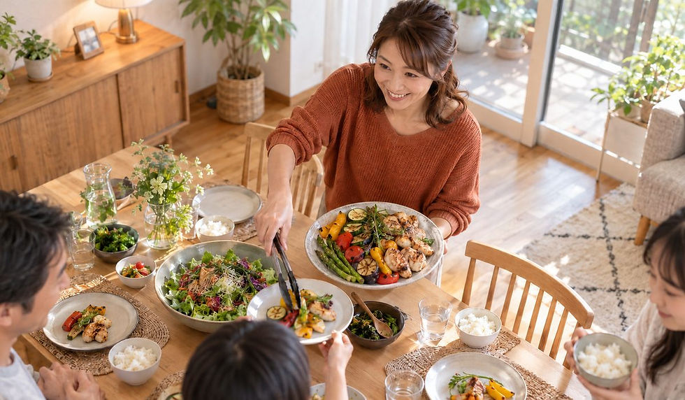 家族がそろう明るいダイニングで、焼き野菜とグリルチキンをトングで取り分ける女性