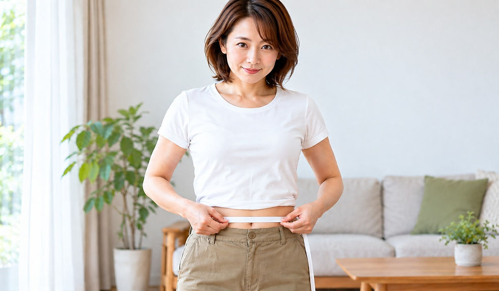 リビングでおへその高さにメジャーを巻き、腹囲を測る女性
