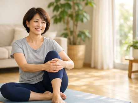 自宅でヨガマットの上でストレッチをする女性