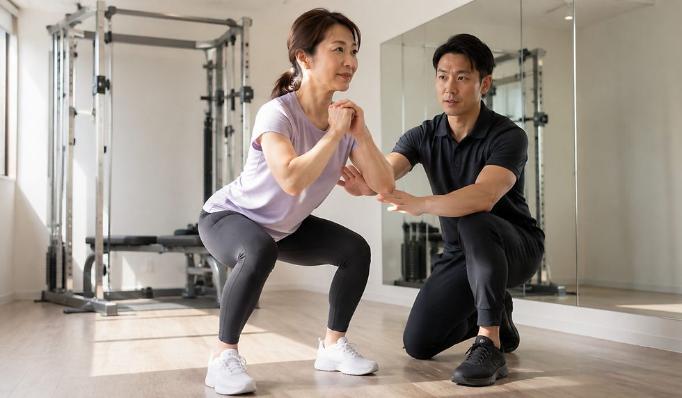 スクワットをする女性の姿勢を、片膝をついた男性トレーナーが横から確認している様子
