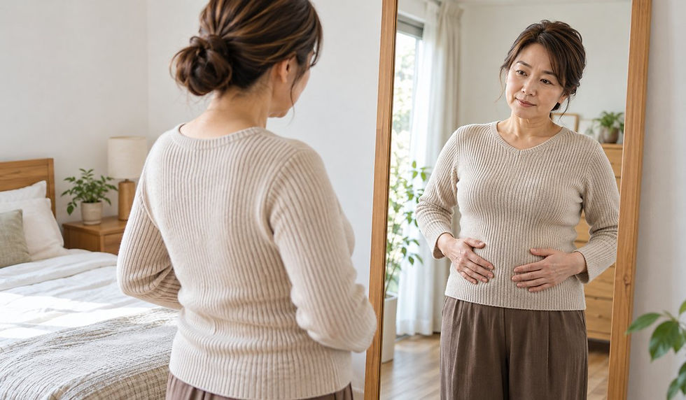 寝室の姿見の前で、ニットの上からお腹に両手を当てて体型を確かめる女性