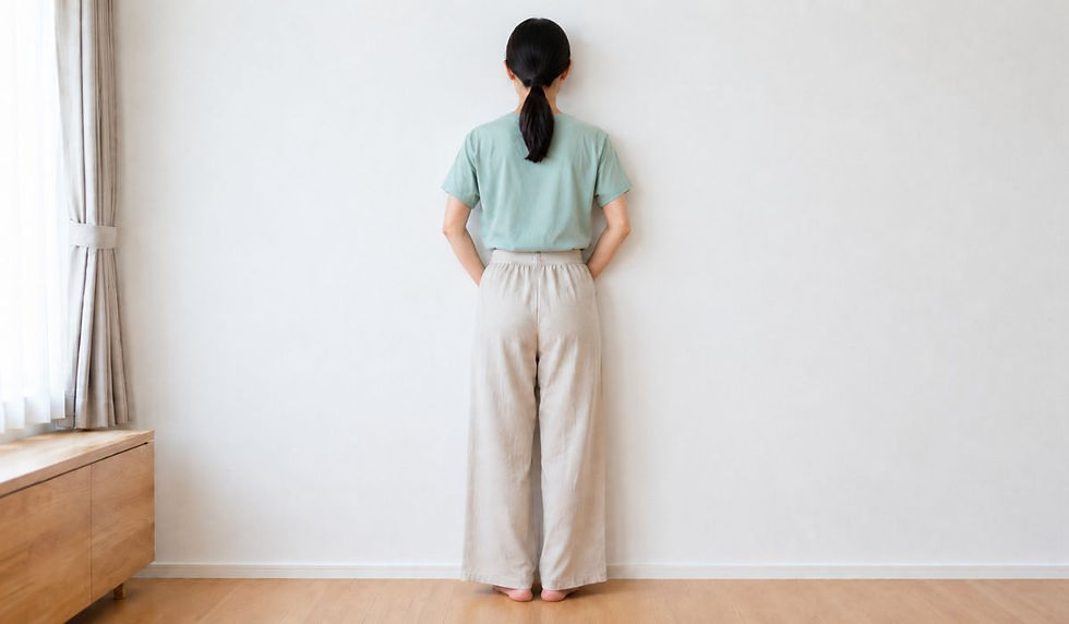 明るい白い壁を背にして立つ、ライトミントグリーンのTシャツとベージュのワイドパンツを着た30代半ばの女性の後ろ姿。両手を腰の後ろに当てて壁との隙間を確認している様子