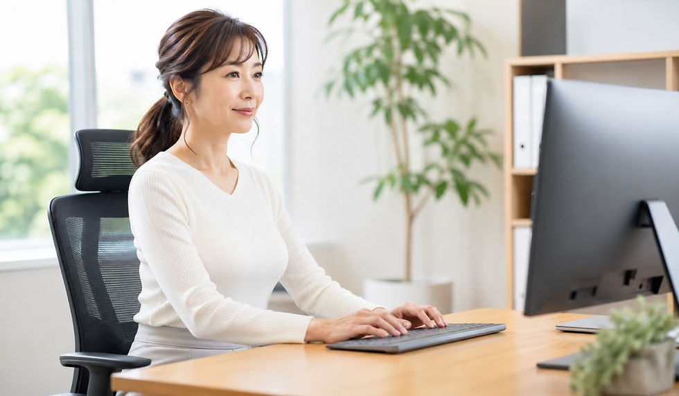 オフィスチェアに正しい姿勢で座りデスクワークをしている40代女性