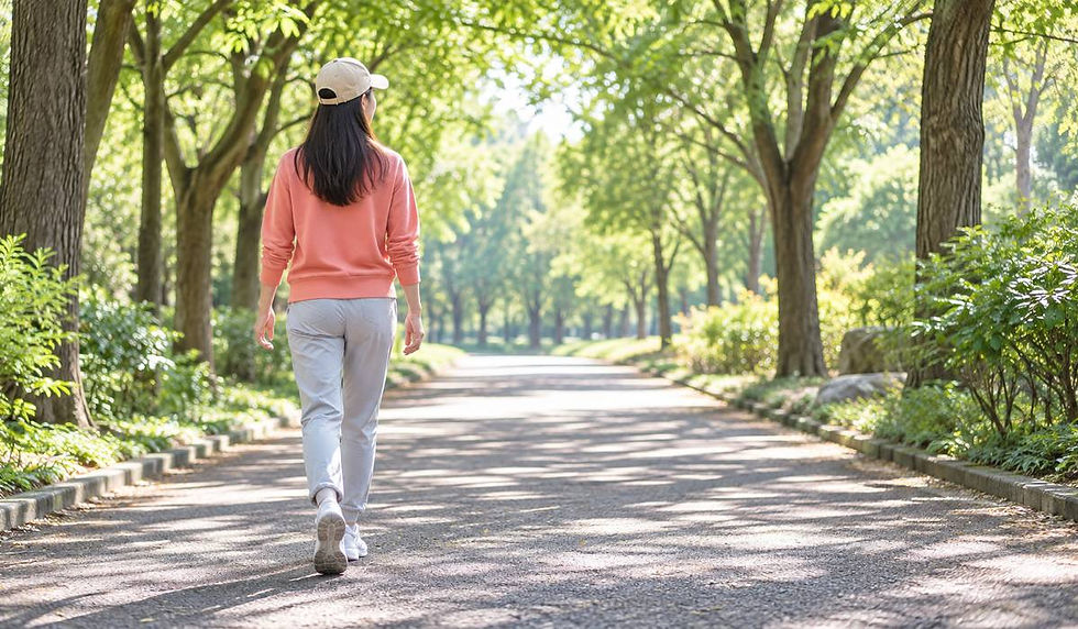 キャップとコーラル色のスウェット姿で、公園の並木道をウォーキングする女性の後ろ姿