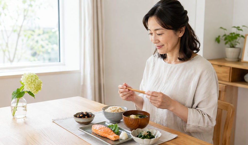 窓辺の明るいダイニングで、生成りのブラウスの女性が箸を持ち、焼き鮭、玄米ごはん、味噌汁、ひじきの煮物、青菜のごま和えが並んだ食事を前に微笑んでいる