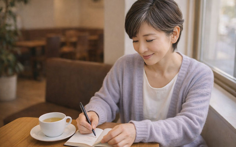 カフェの窓際席でノートに目標を書き込む女性