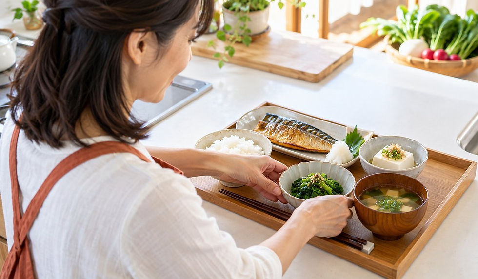 キッチンで焼き魚・冷ややっこ・青菜のおひたし・ごはん・みそ汁の和定食をトレーに整える女性