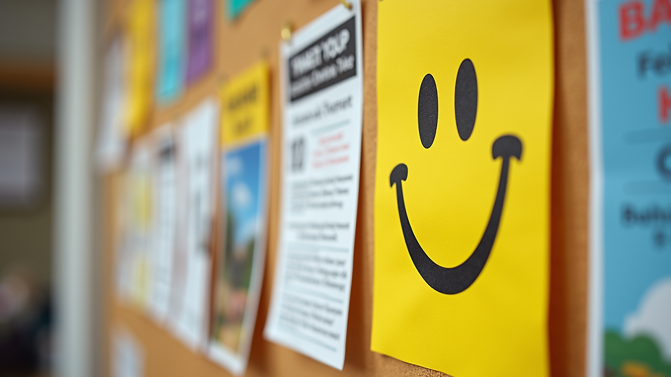 Close-up view of a community bulletin board with hobby group flyers and event notices