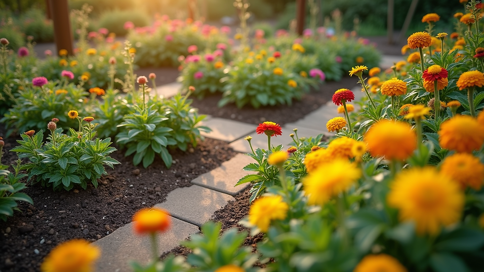 High angle view of a community garden with colorful plants and flowers