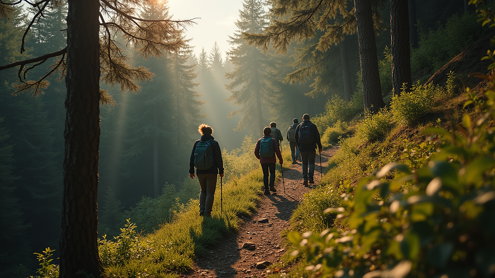 High angle view of a group of people hiking on a forest trail