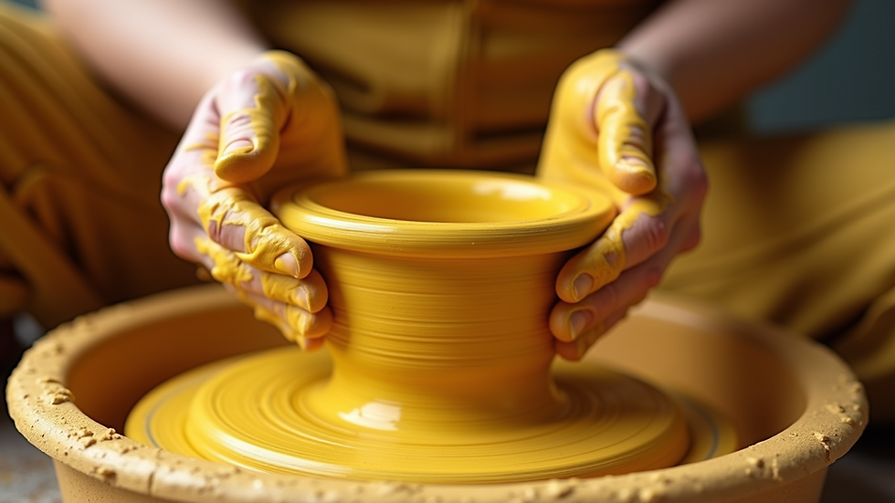 Eye-level view of pottery wheel with clay being shaped