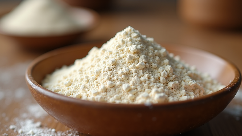 Close-up view of whey protein powder in a bowl