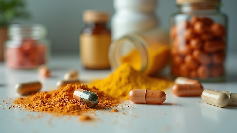 Close-up view of a variety of dietary supplements in capsules and powders