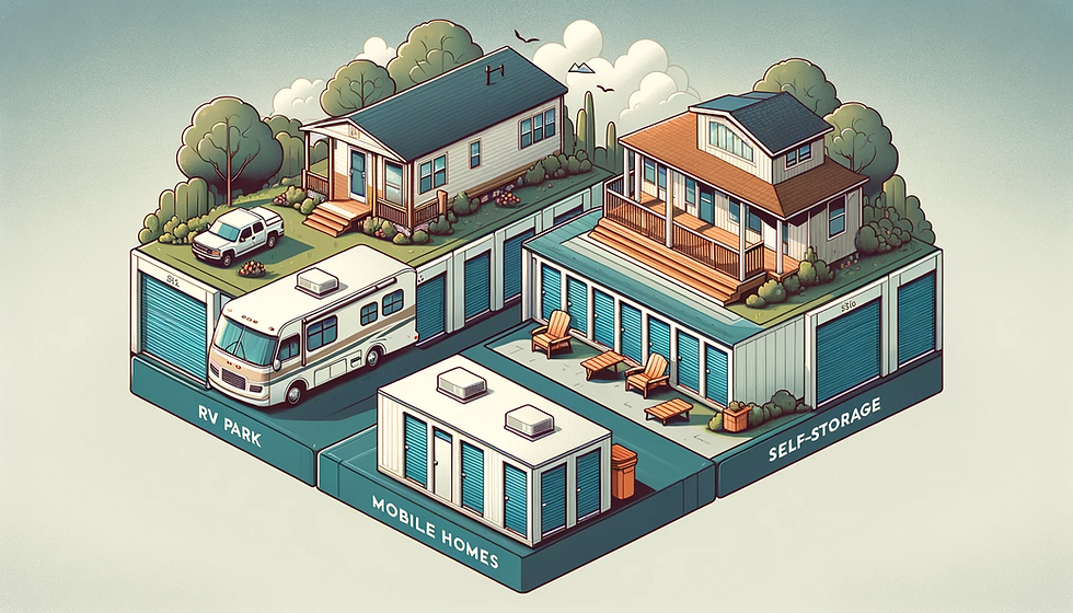 Professional and straightforward rectangular collage for a blog post, depicting three real estate investment sectors. On the left, an RV park with several RVs amidst a natural setting, symbolizing freedom and adventure. The center shows a mobile home park with modern, tidy homes, illustrating affordable community living. On the right, a self-storage facility with uniform, modern units, representing a smart investment. The overall design is clean, with a muted color palette and minimalistic elements, focusing on the investment potential of these sectors.
