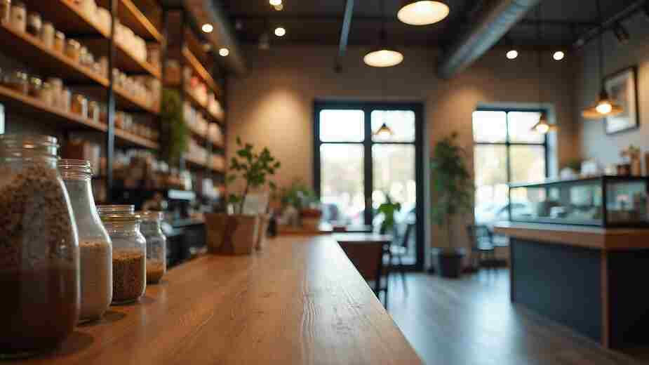 Organized inventory shelves in a cafe
