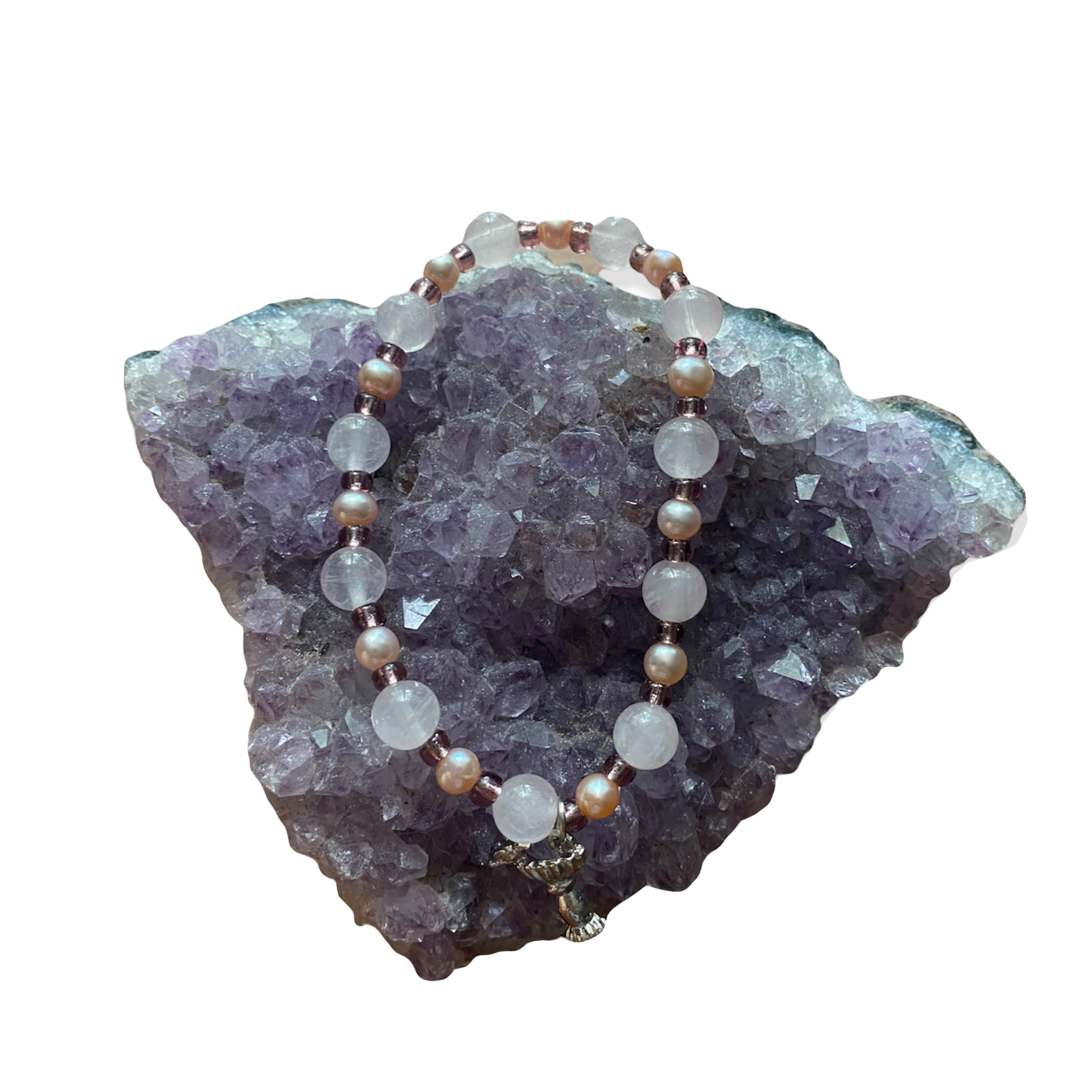 rose quartz beaded charm bracelet