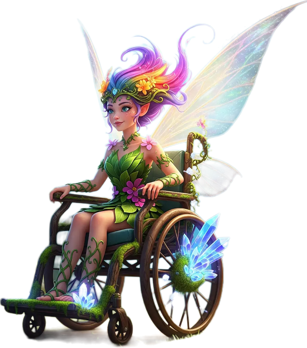 Small, pink-haried fairy in a wheelchair