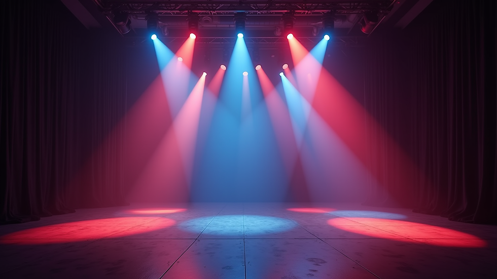 Eye-level view of a modern stage lighting setup with colorful beams