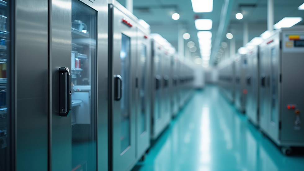High angle view of automated pharmaceutical manufacturing equipment in a cleanroom