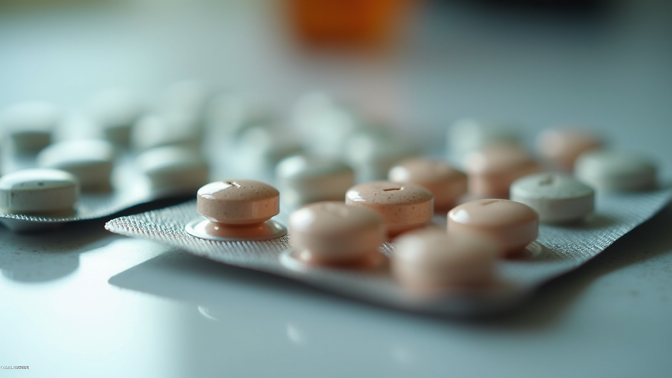 Close-up view of pharmaceutical tablets and capsules in packaging
