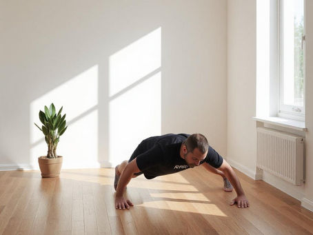 Minimalist photo of a recluse doing push-ups in a sunlit room with white walls, wooden floors, an RR logo t-shirt, and a potted plant, for Recluse Renegade workout post