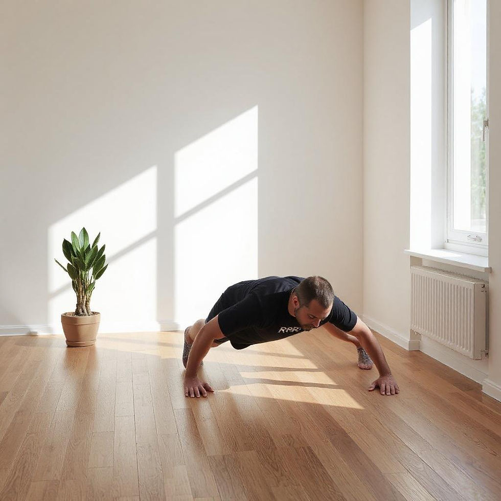 Minimalist photo of a recluse doing push-ups in a sunlit room with white walls, wooden floors, an RR logo t-shirt, and a potted plant, for Recluse Renegade workout post
