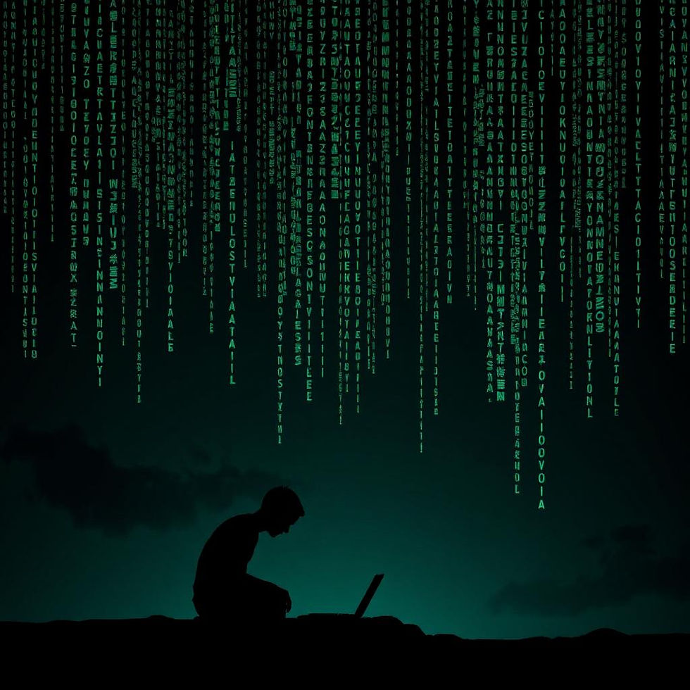 A dark background with cascading green digital code, reminiscent of The Matrix, overlaid with a glowing silhouette of a solitary figure typing on a laptop.