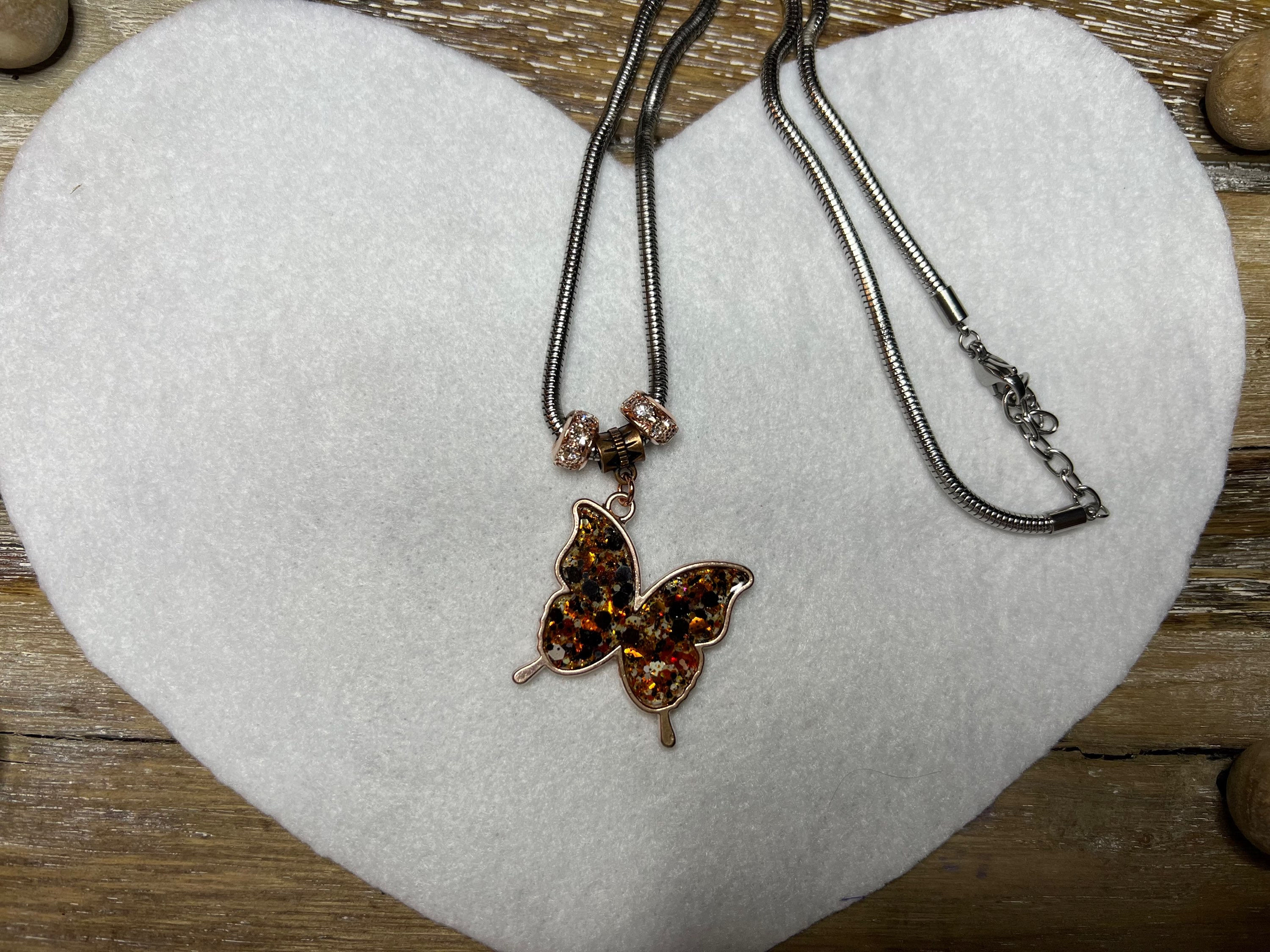 Monarch Glitter/Resin Rosegold Butterfly Necklace 