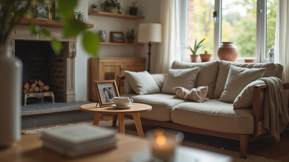 Eye-level view of a cozy living room with a comfortable chair and family photos