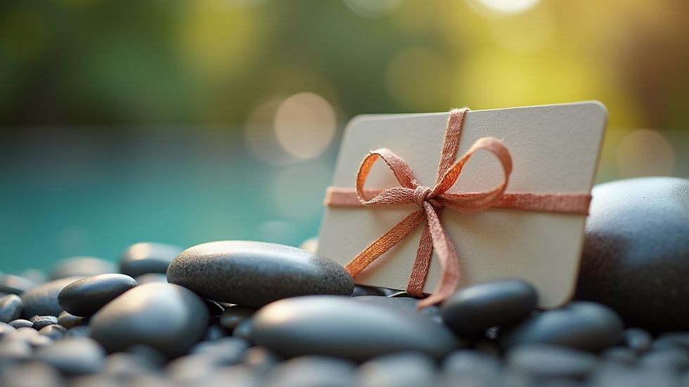 Close-up view of a spa gift card resting on a bed of smooth stones
