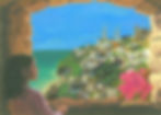 A little, tanned girl is peaking through a rustic , stone window and looking at her coastal town below. The town is full of little, white houses with rocky walls. There's also a church and a mosque. 