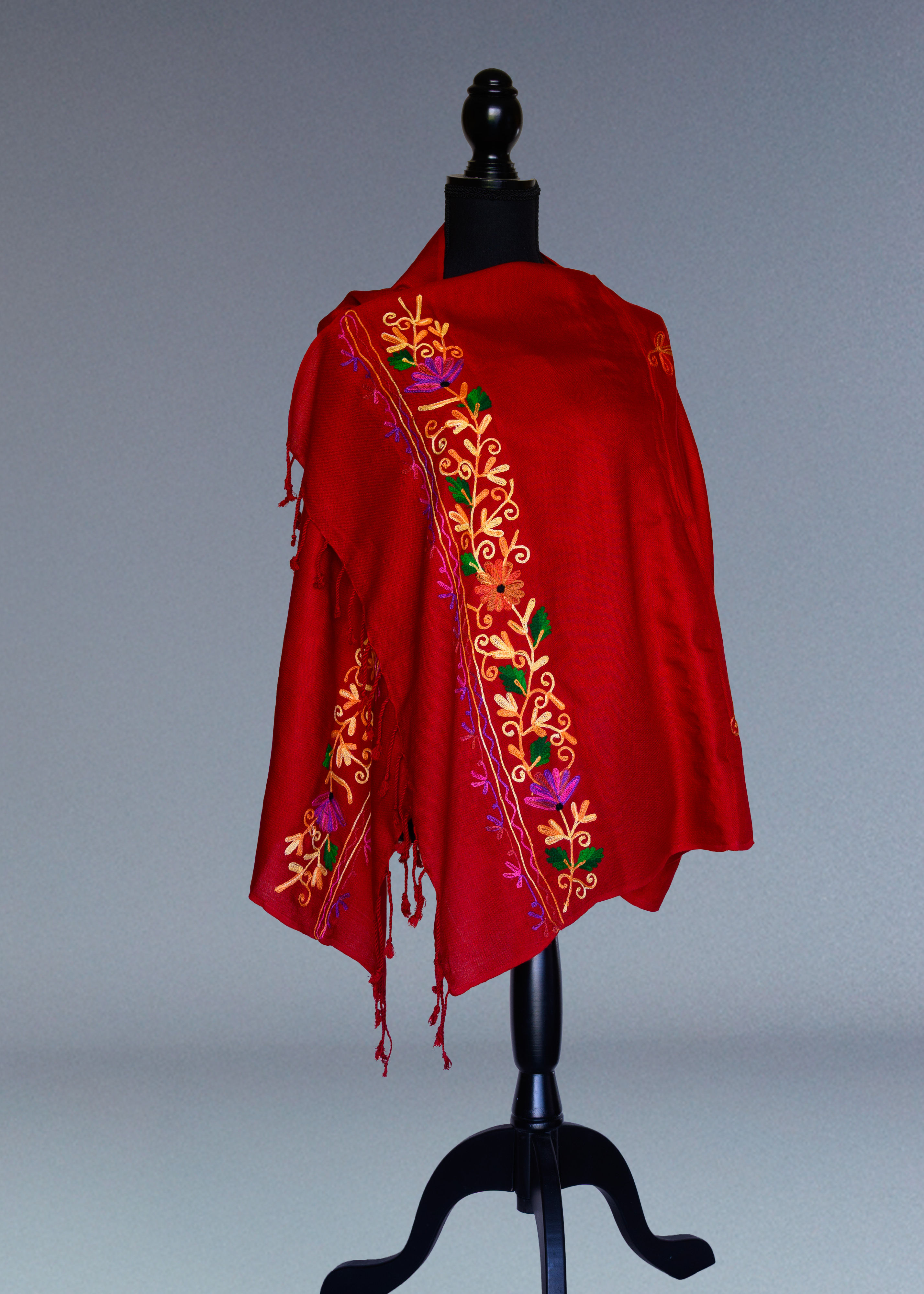 ❤️🌿✨ Red Pashmina with Golden & Green Floral Embroidery ✨🌿❤️