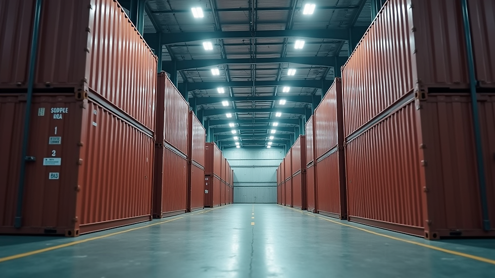 Eye-level view of a large warehouse with stacked containers