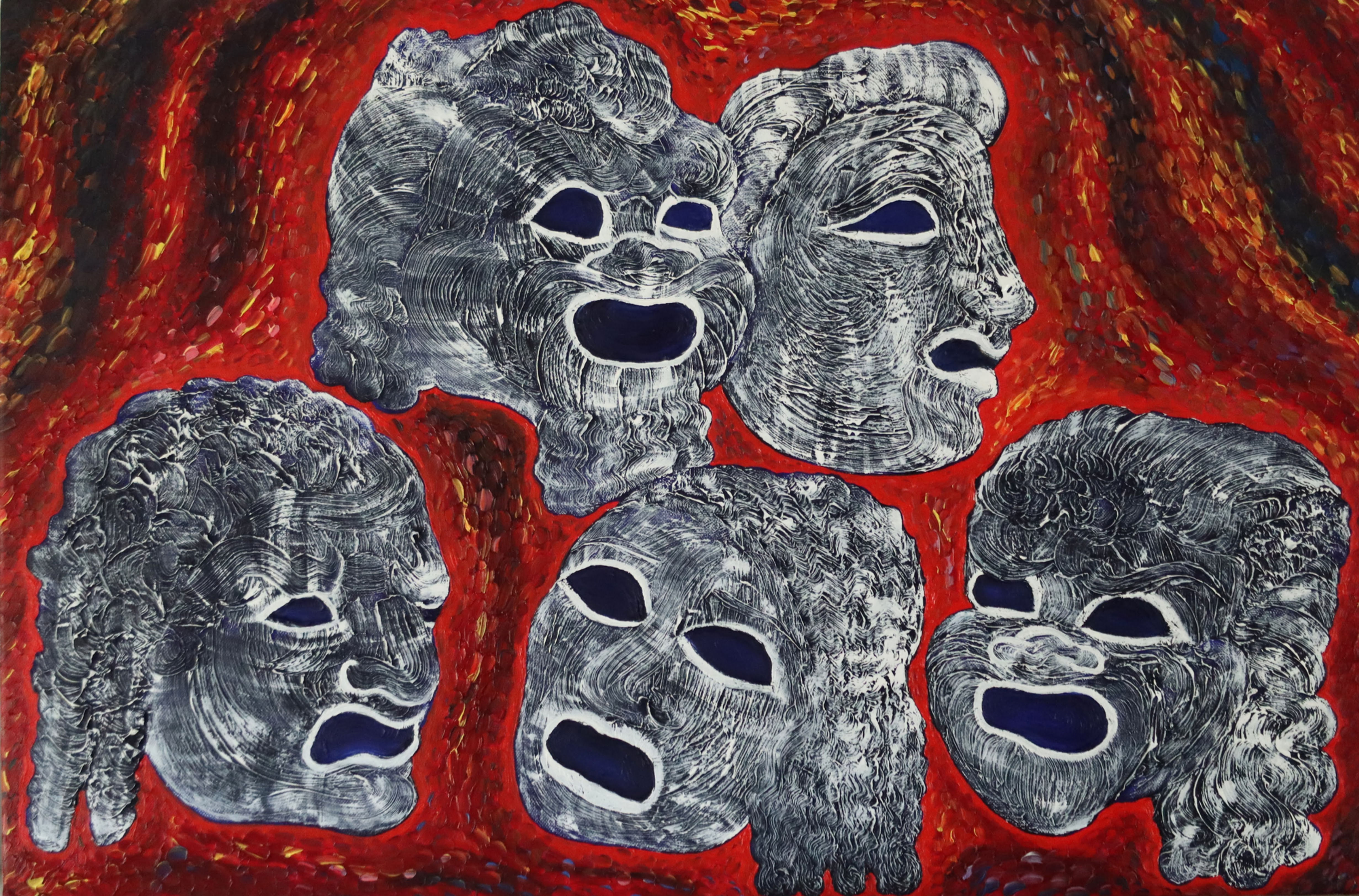 'Ancient Theatre Masks' Figurative Abstract Oil Painting