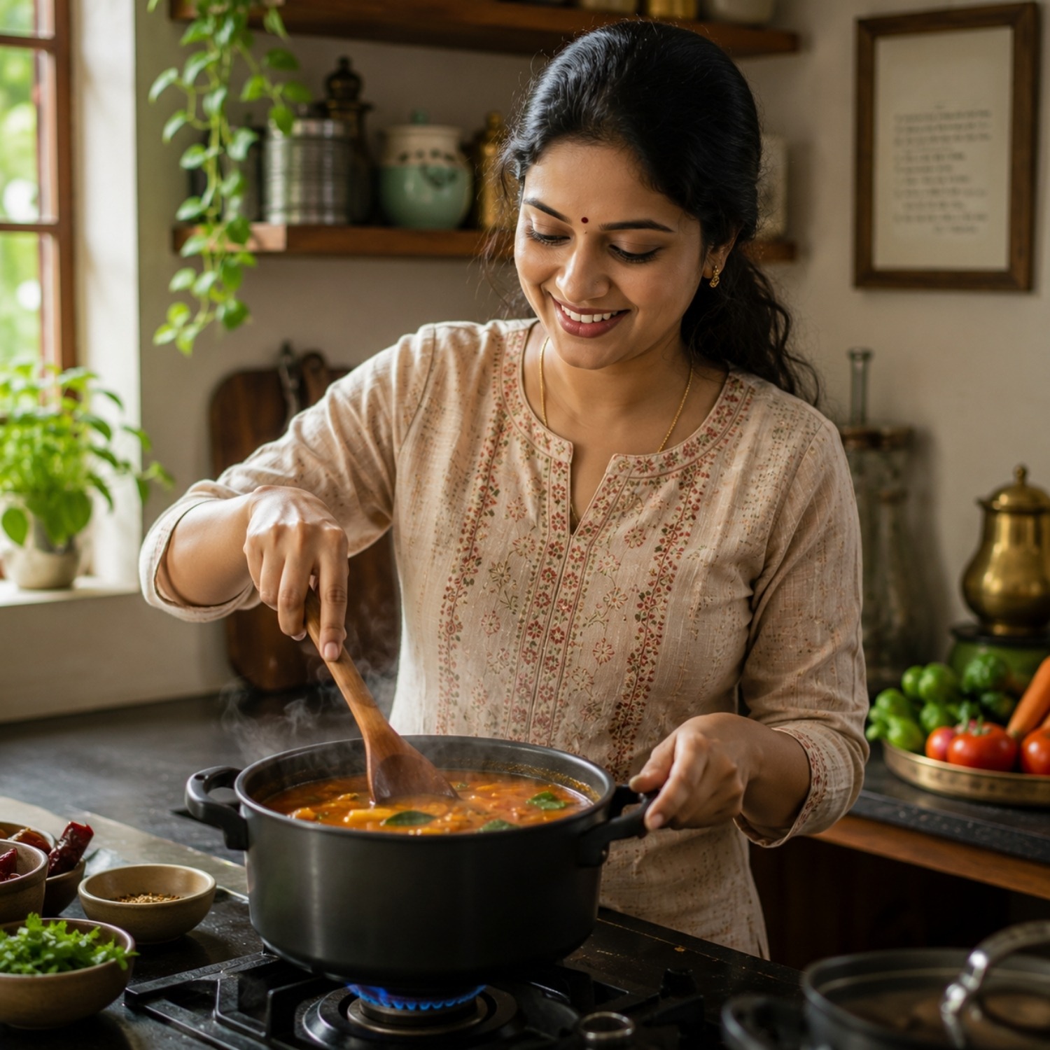 Beautiful Indian Lady making fresh samba with Kokofresh sambar powderr 