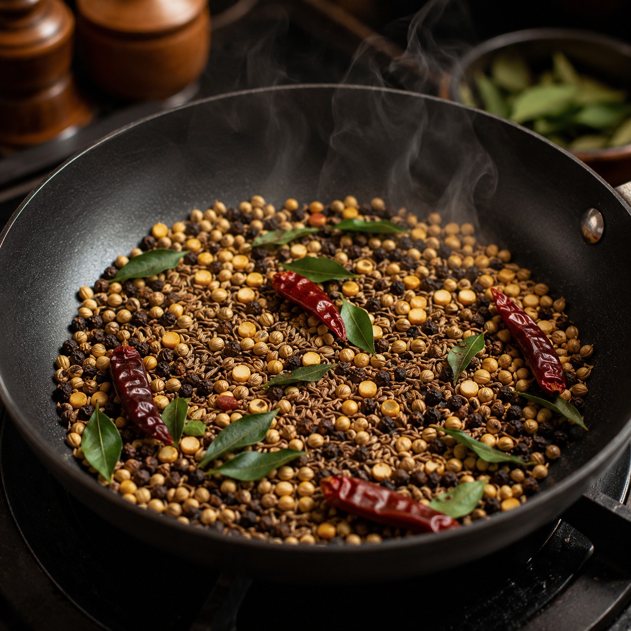 Fresh Spices roasted to make sambar powder