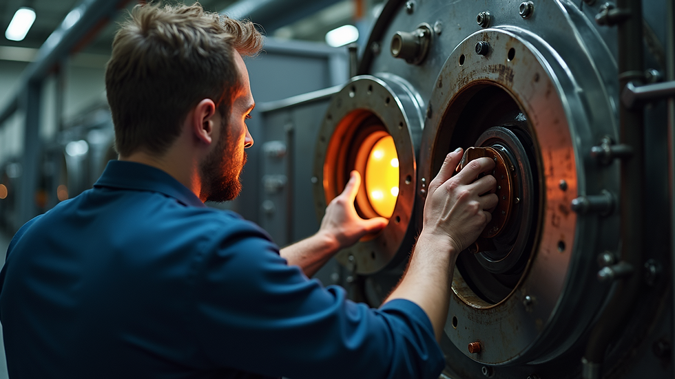 Close-up view of a technician inspecting a furnace