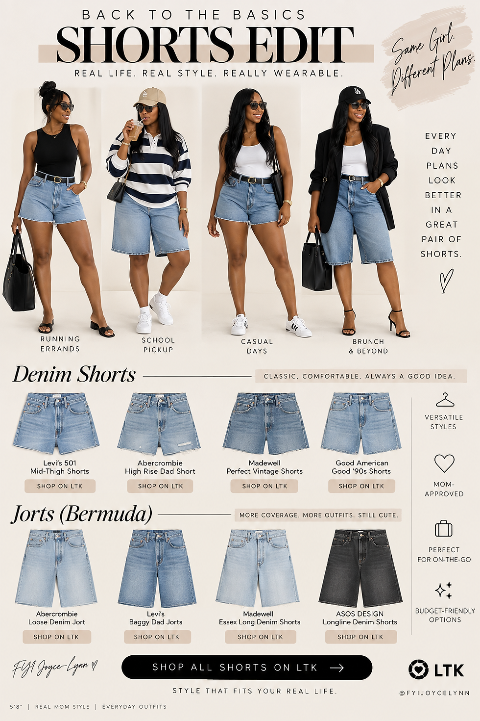 Fashion collage of four women modeling denim shorts for errands, school pickup, casual days, and brunch; How to style shorts and jorts for fall.