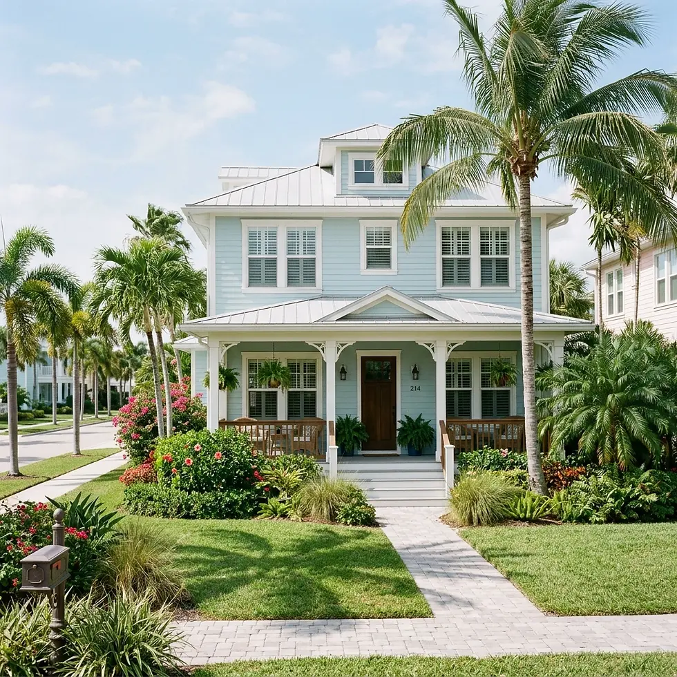 Photography of a charming light blue coastal house with lush tropical gardens and palm trees. The bright, sunny day creates a welcoming and serene atmosphere.