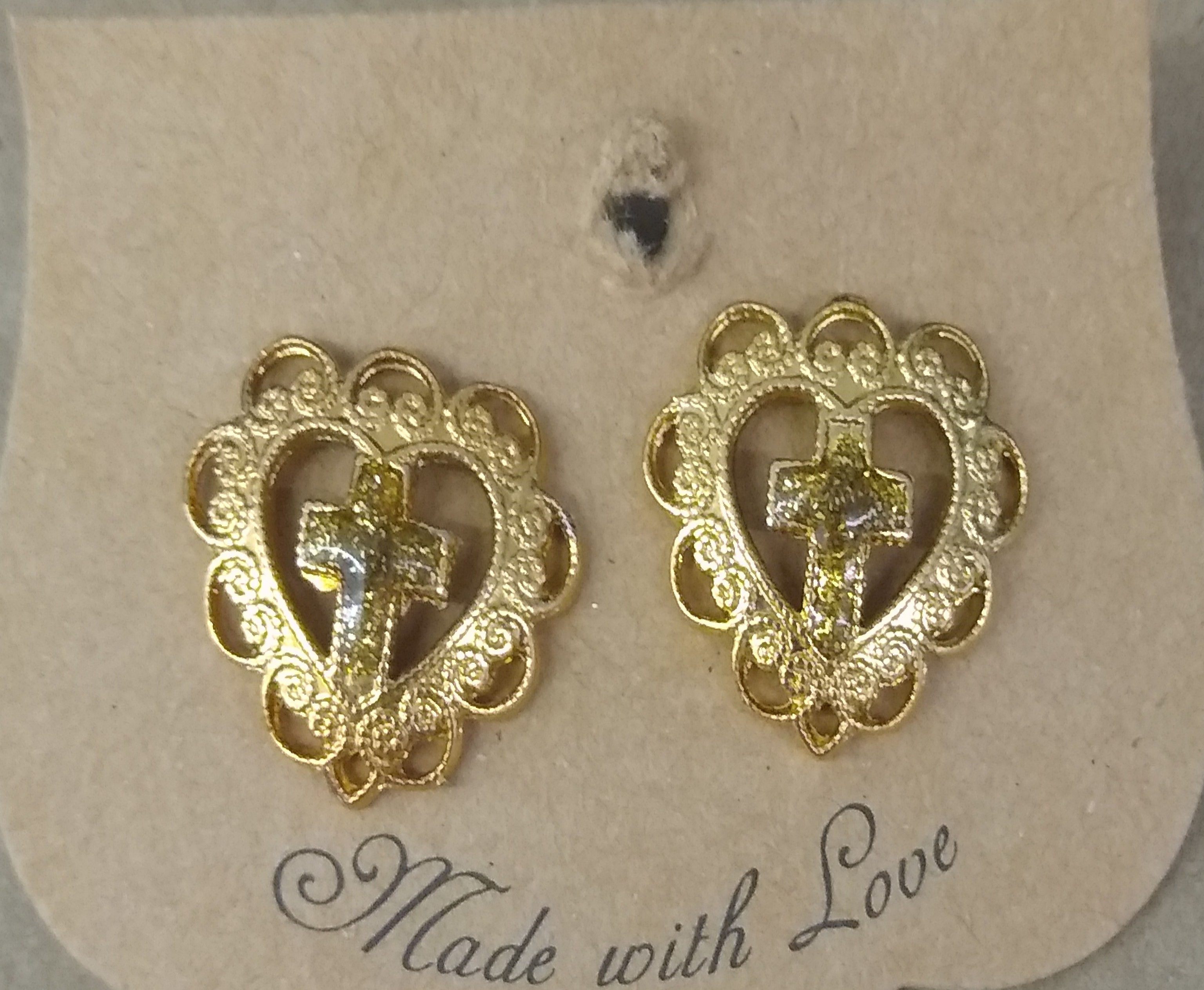 Ornate Gold Heart Cross Earrings