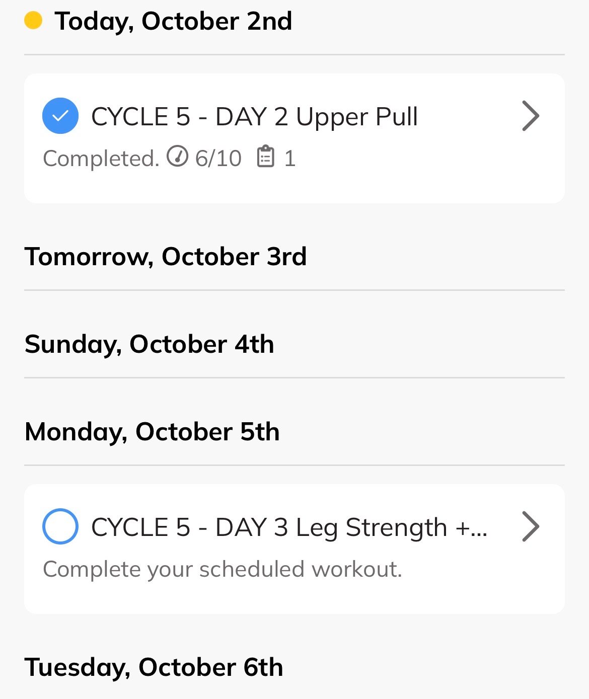 Actual Trainerize schedule showing a coach-written upper pull workout.