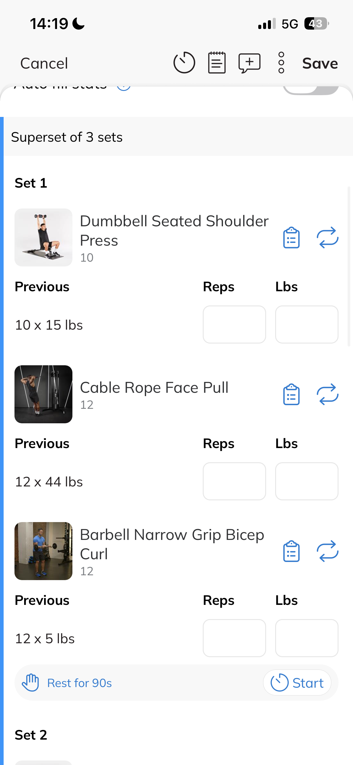 Actual Trainerize set logging with previous reps and loads and a rest timer.